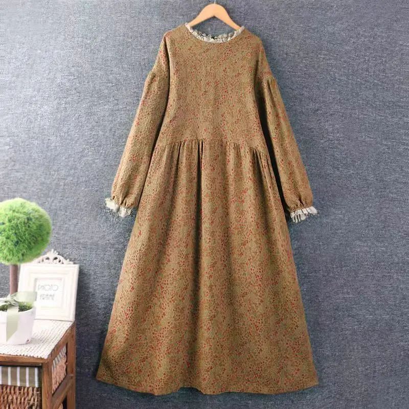 Spring New Style Women's round Neck Cotton Linen Long Sleeve Dress Floral Loose Layered Wear Mid-Length Skirt Spring Dress