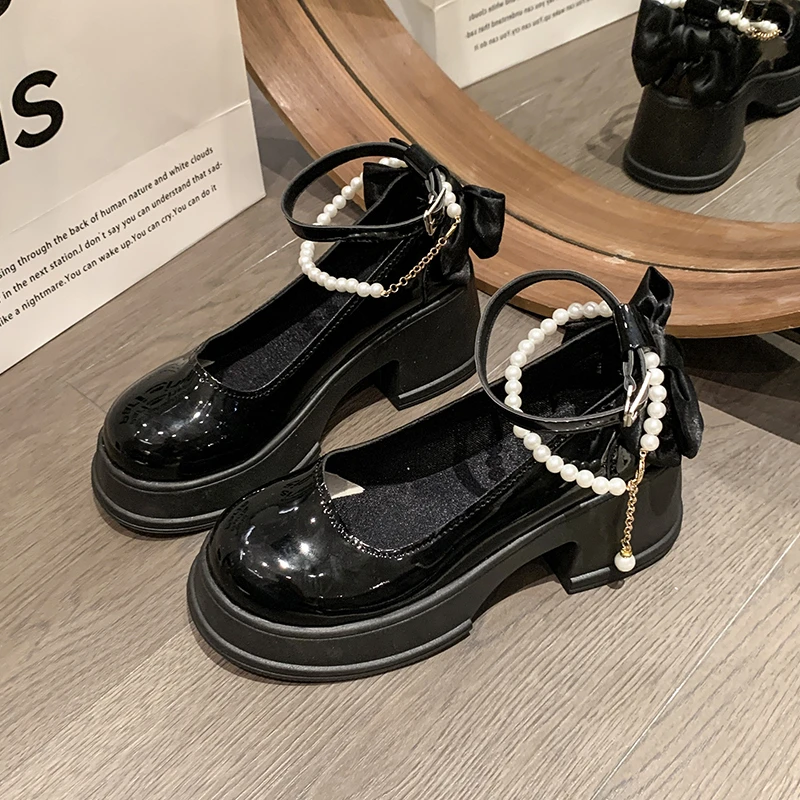Womens Single Shoes with High Heels Round Toe Straight Buckle Strap Pearl Bow Anti Slip 2025 New Spring Outdoor PU Low Top Shoes