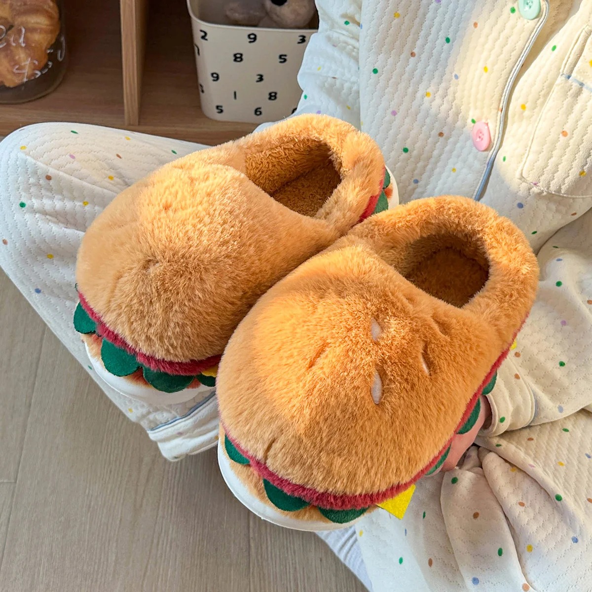 Winter Warm 3D Hamburger Women Plush Slippers Colored Thick Furry Men Lady Couple Home Cotton Shoes