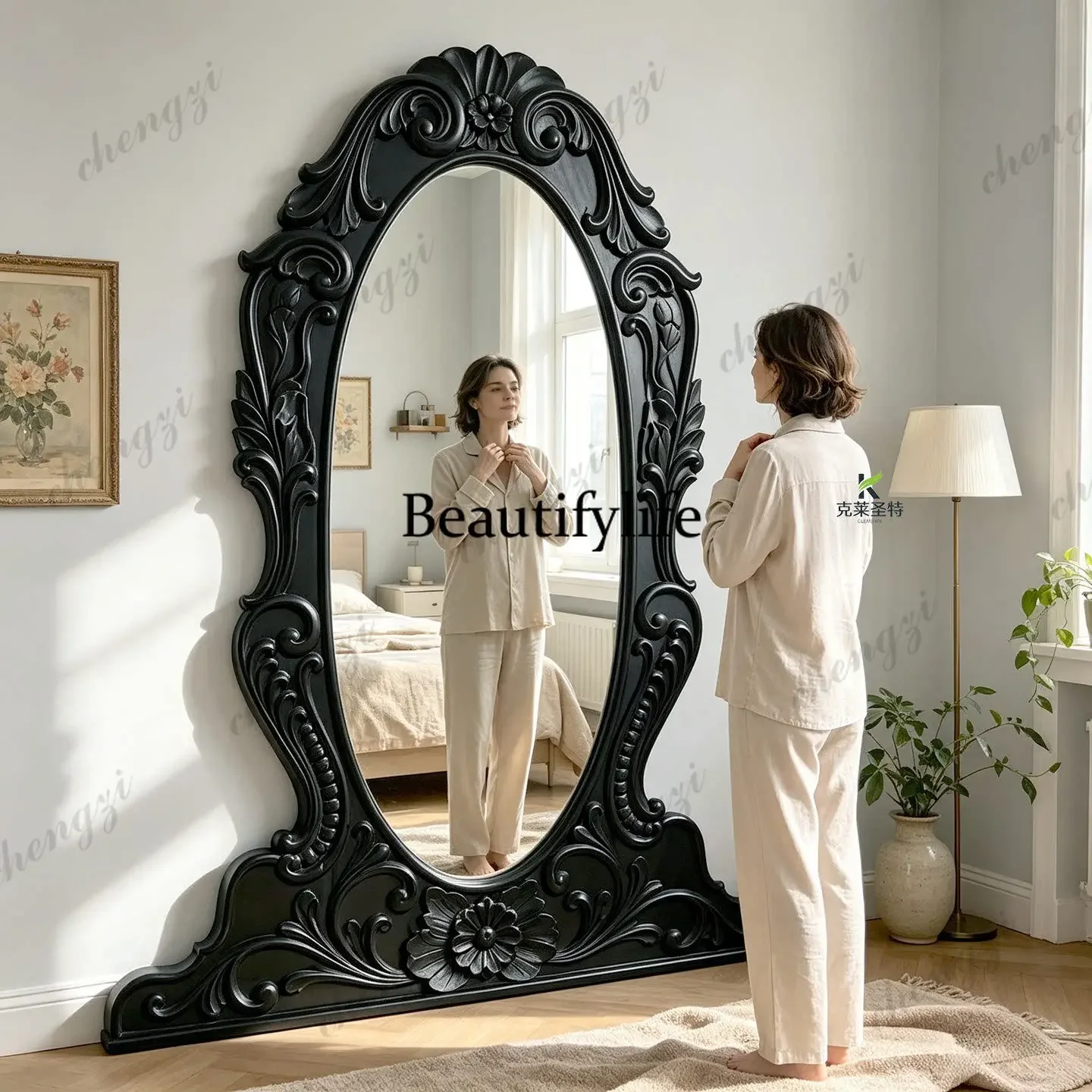 z183 French retro carved large size full-body mirror American floor-to-ceiling mirror European bedroom