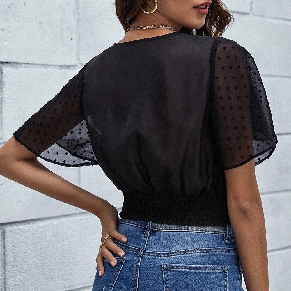 New Style Deep V-neck Exposed Belly Button Short Hedging Ladies Fashion  Pure Color Loose Casual Sexy Trumpet Sleeve V-neck