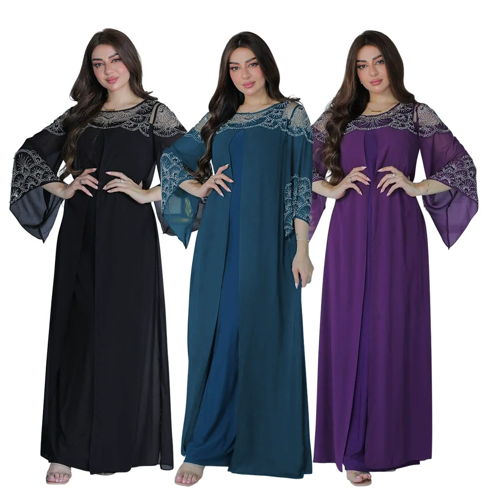 

Middle East, Morocco, Saudi Arabia, Muslim two-piece long robe, fashionable rhinestone style jalabiya Islamic Ramadan dress