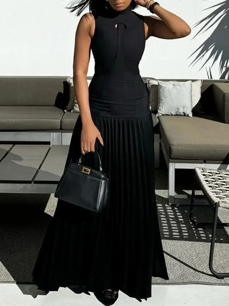 2025 New Women's Stand Collar Sleeveless Pleated Maxi Dresses Black Bodycon Party Evening Formal Elegant Dress