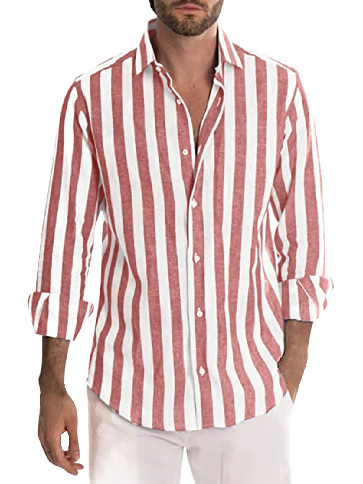 

Loose Fit Striped Shirt Collar Breathable Polyester Long Sleeve Casual Style Standard Tailoring Printed Design Men's Shirt