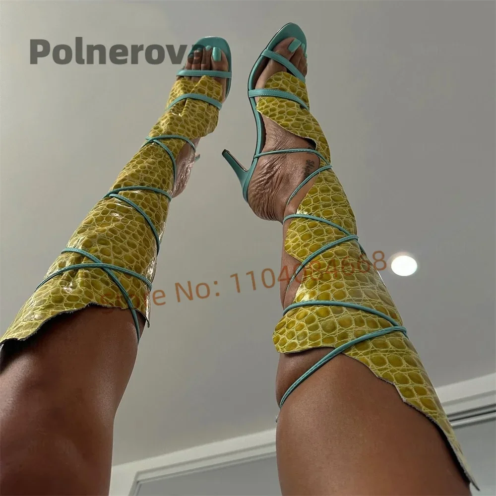 

Женские сандалии-ботфорты с открытым носком, на шнуровке, на высоком каблуке-шпильке, в стиле гладиаторы, модные летние туфли для подиума