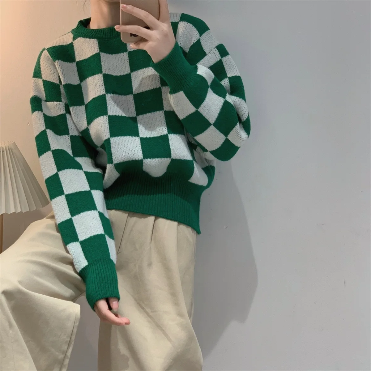 Short Green Plaid Sweater Women 2023 Autumn Winter O Neck Pullover Sweaters Korean Style Knitted Long Sleeve Jumpers Casual Tops