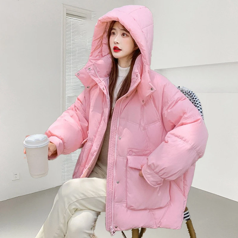 Short Down Coats for Women, Thick Loose Warm Hooded Outerwear, Simple Casual Jacket, Stylish Pocket, Snow Jackets, Winter