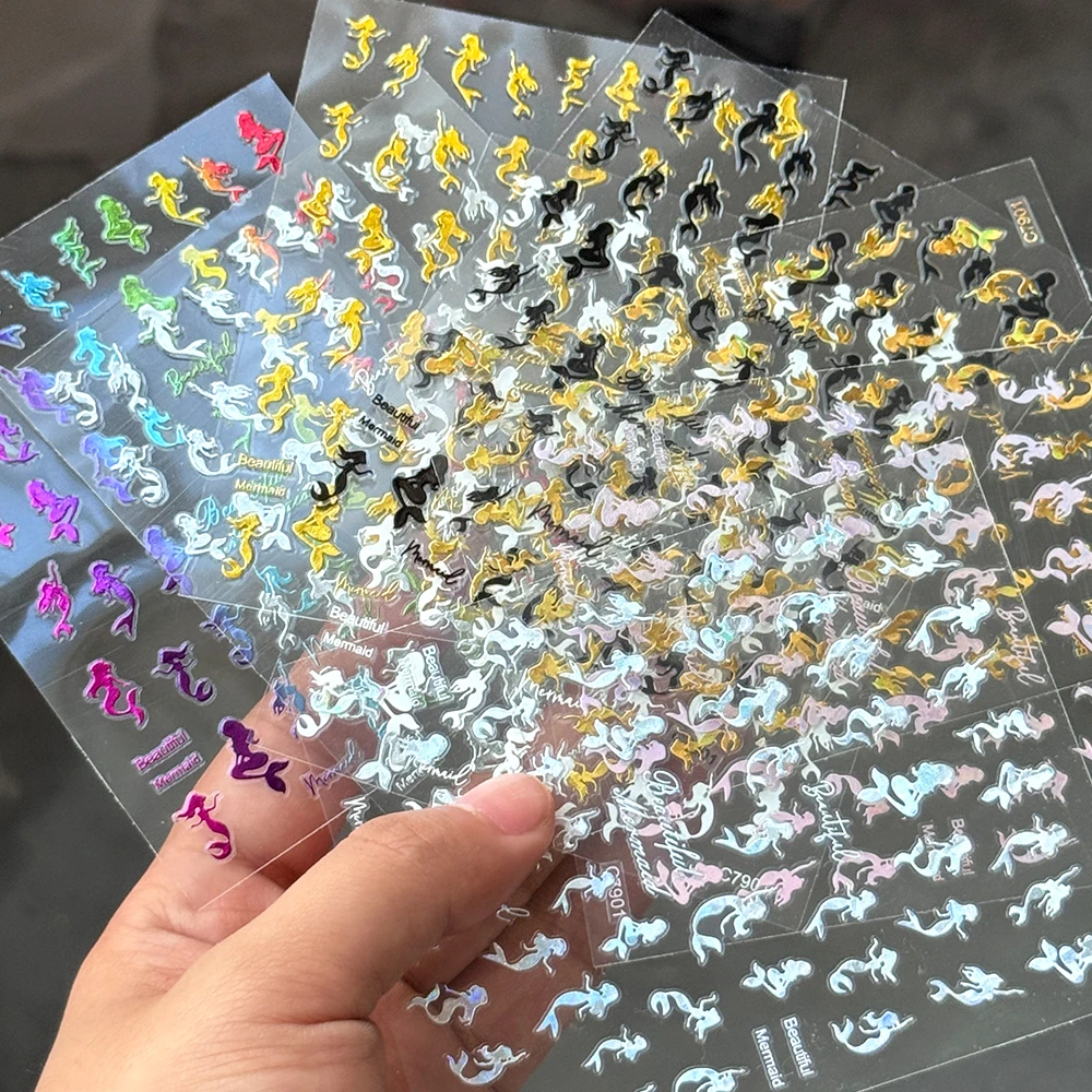 

8pcs/set Mermaid Nail Sticker Decals 3D Summer Design Ocean Princess Nail Art Slider Shining Holographic Laser Manicure Stickers