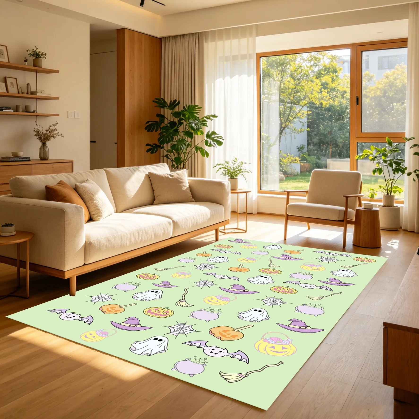 The 2D Green Checkered Carpet with Cute Bunny and Flower Print Has a Fresh, Soothing, Soft, and Bright Style That Is Pleasing to the Eye