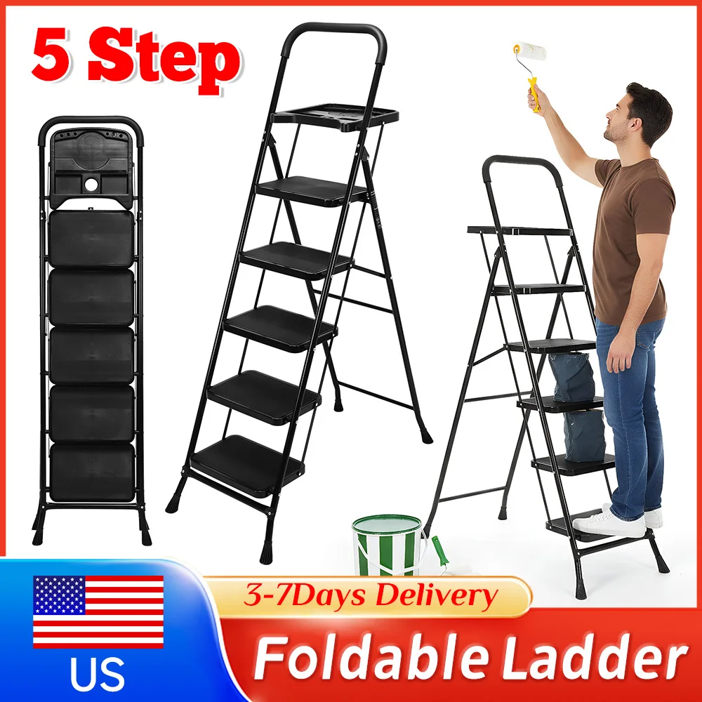 

5Step Folding Ladder 330lbs Capacity Metal Steel Ladder with Wide AntiSlip Pedal Safety Locking Portable for Home Kitchen Office