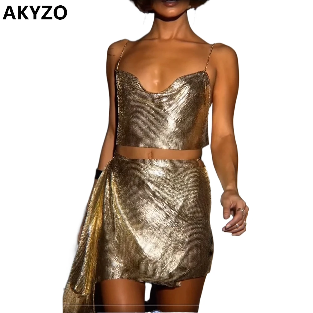 

AKYZO Sexy Sparkly Rhinestone 2 Piece Set For Women Backless Halter Sequins Crop Tops Crystal Side Split Skirt Rave Festival Out