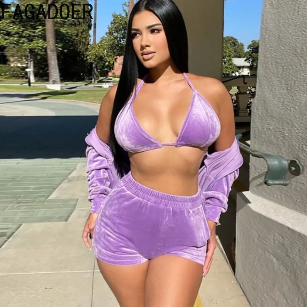 

FAGADOER Spring New Solid Velvet Three Piece Sets Women Bra + Long Sleeve Hooded Coat + Shorts Outfits Casual Female Clothing