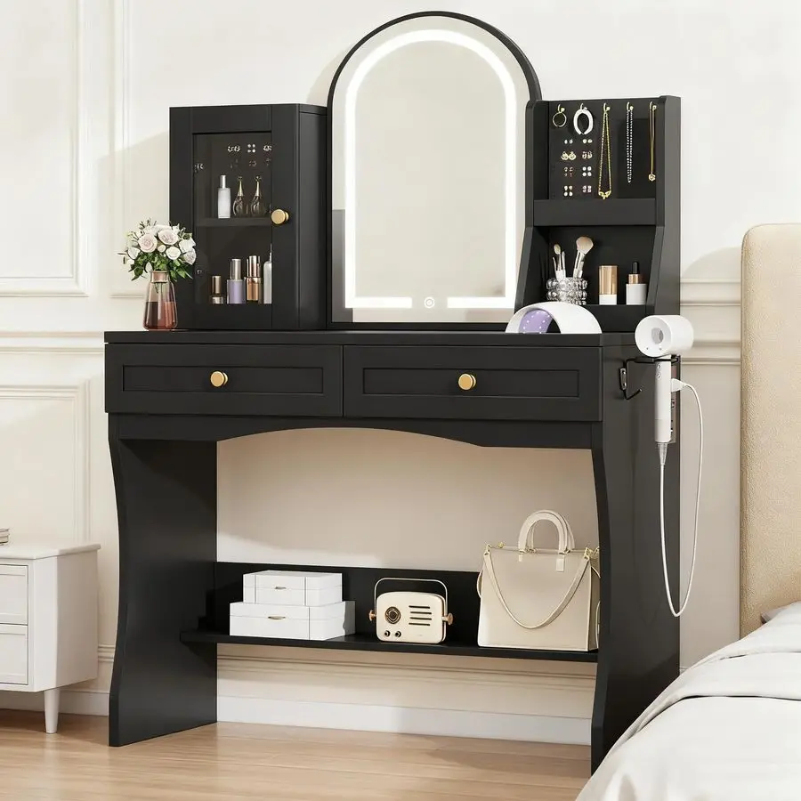 

Makeup Vanity with Semicircle Mirror and Lights, Black Vanity Makeup Desk with Charging Station, Jewelry Storage Ca Customizable