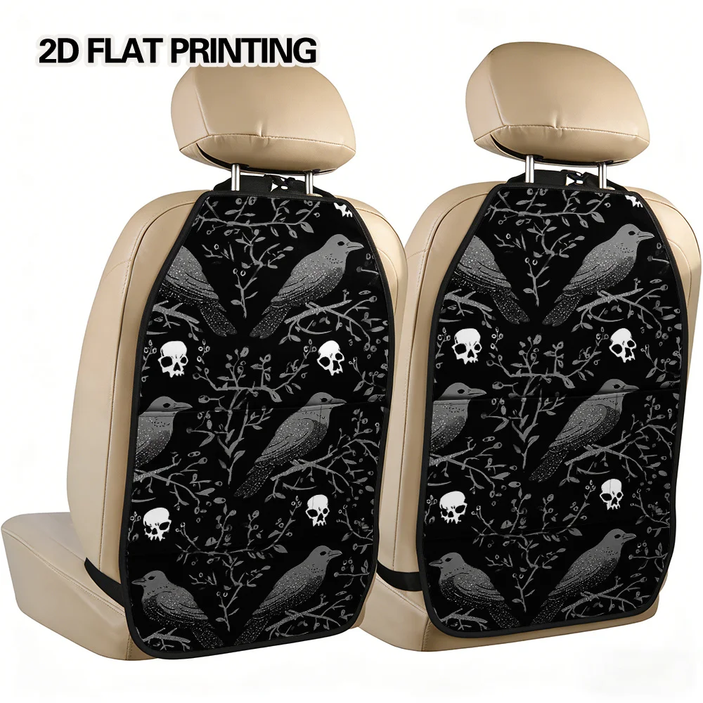 2D Flat, 2pcs Car Seat Back Kick Mat Storage Pouch, Premium Gothic Ravens And Skulls Pattern Decoration, Practical Pocket Design