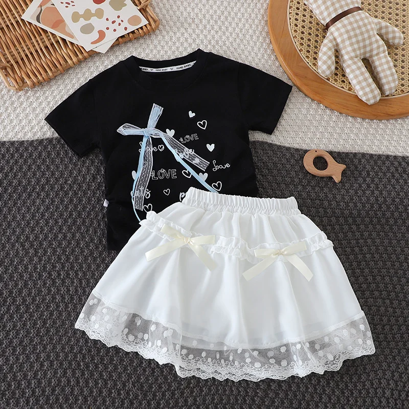 Girls T-Shirt Sets Children's Clothes Suit Kids Sweet Bow Top Lace Pom Pom Skirt 2 Piece Summer New Thin Casual Cute Outfit 2-8Y