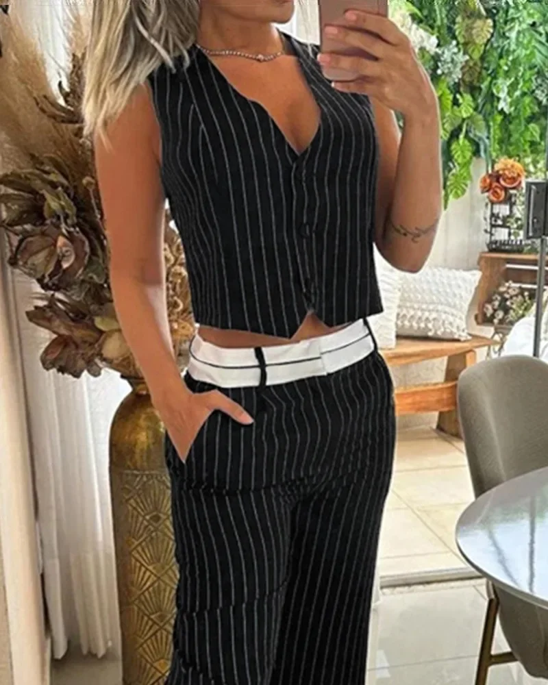 Women Office Two Piece Sets New Fashion Striped Buttoned Vest Top and Pocket Design Pants Set