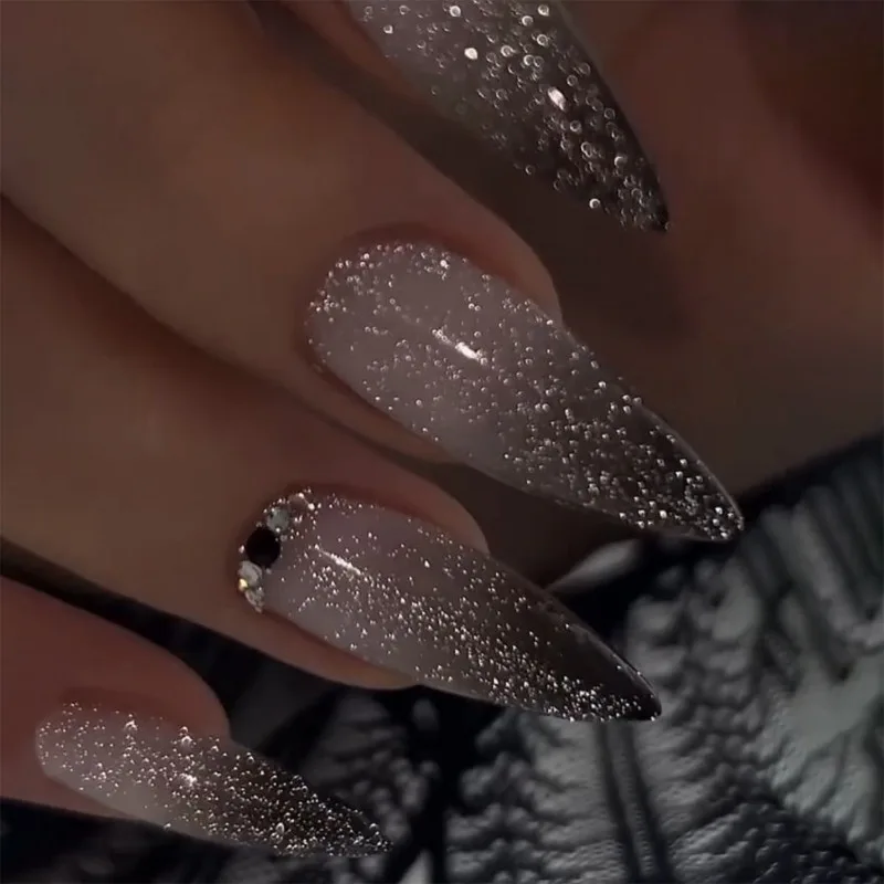 

24 Pcs Fake Nail with Glue Black Gradient Long 2025 False Nails Woman Nail Art Almond Nail Tips Reusable Adhesive Press on Nails