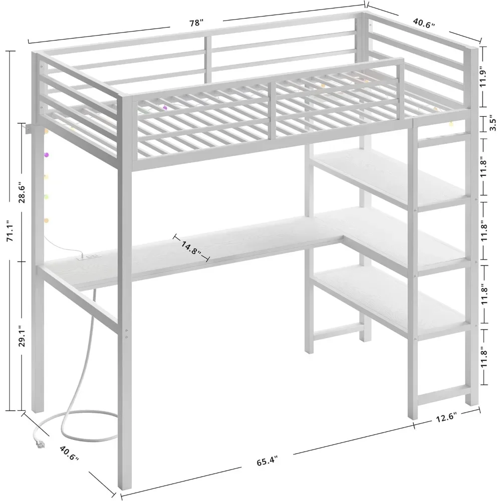 Loft Bed Twin Size with L Shaped Desk and Shelves,Heavy Duty Metal Loft Bed Frame with Power Outlet and LED Lighted,Space-Saving