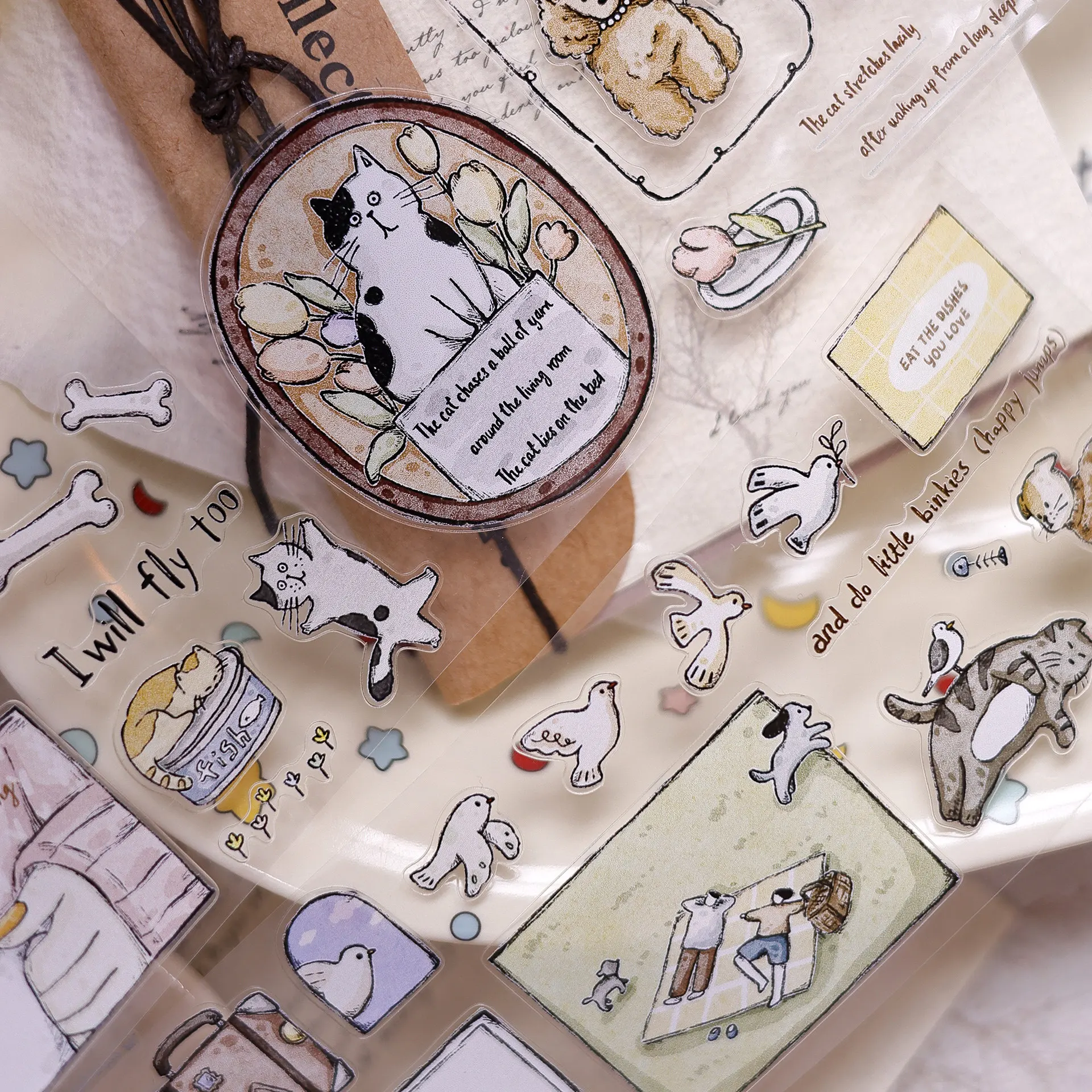 Retro Salt Friends Diary Cat Dog Washi PET Die-cut Tape Journal Decoration