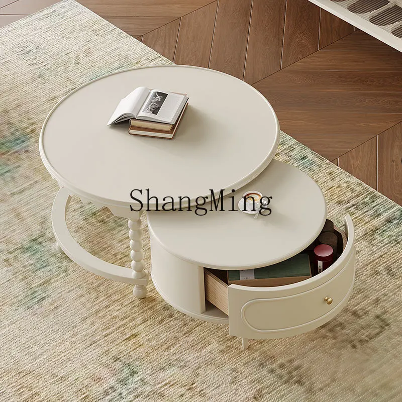 SM living room household cream wind solid wood coffee table round size combination small apartment tea table