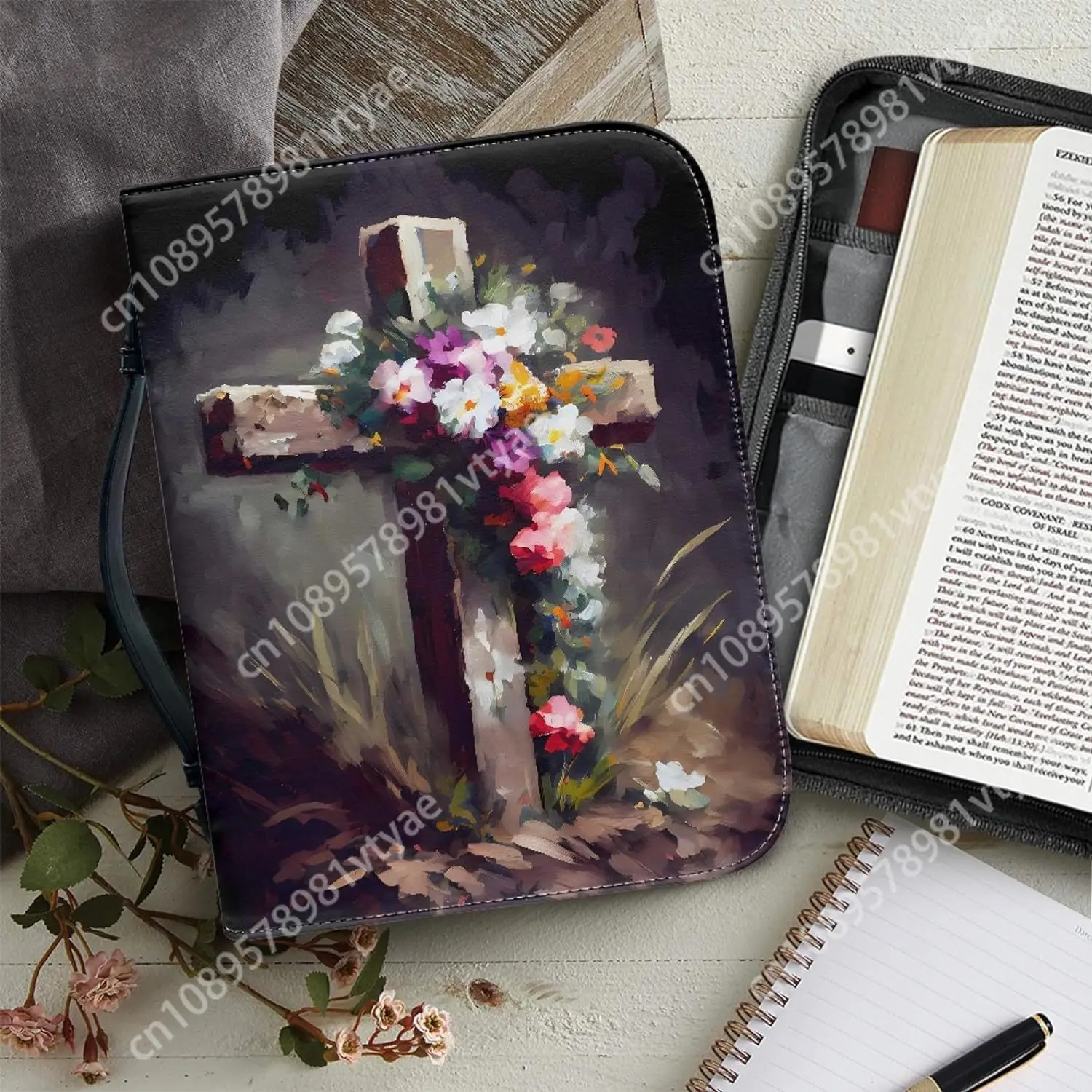 Pink Flower Cross Bible Cover for Girl Medium Size Bible Cover for Women Men Leather Rose Bible Case with Zipper Handle Carrying