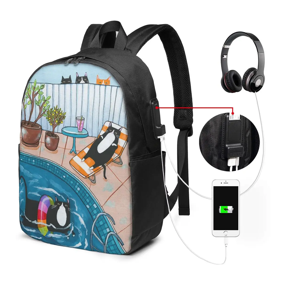 Summer Pool Cartoon Cat Anime Backpack Travel Notebook Bag Computer College Student School Bag Laptop Shoulder Bags Men Women