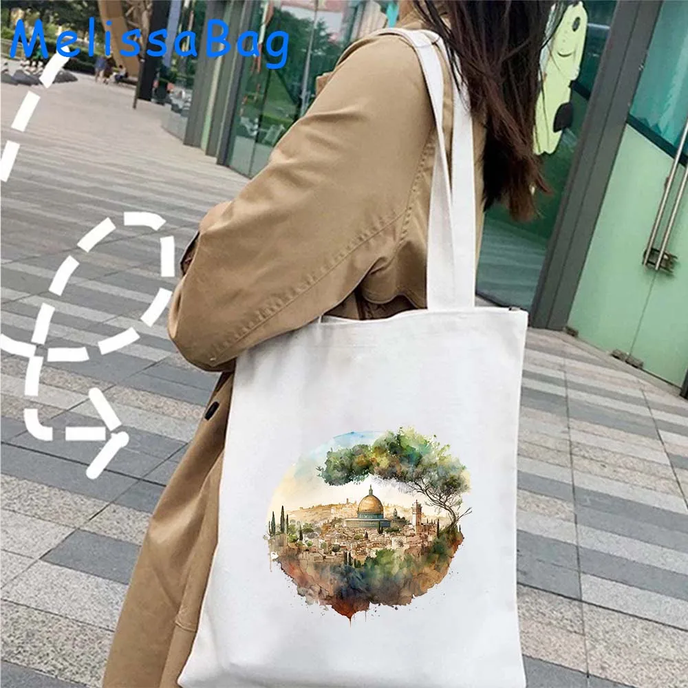 Jerusalem Arabic Gifts Al Aqsa Mosque Heart Dome Rock Buildings Watercolor Women Canvas Shoulder Tote Bag Shopper Cotton Handbag