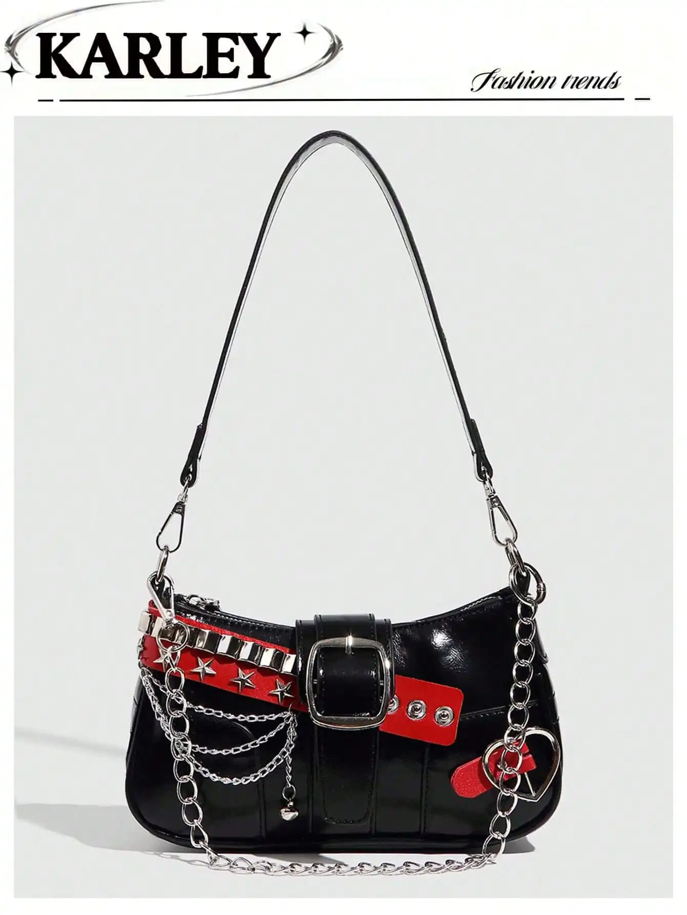 

Black Patent Leather Saddle Bag with Red Star Belt & Chain Strap