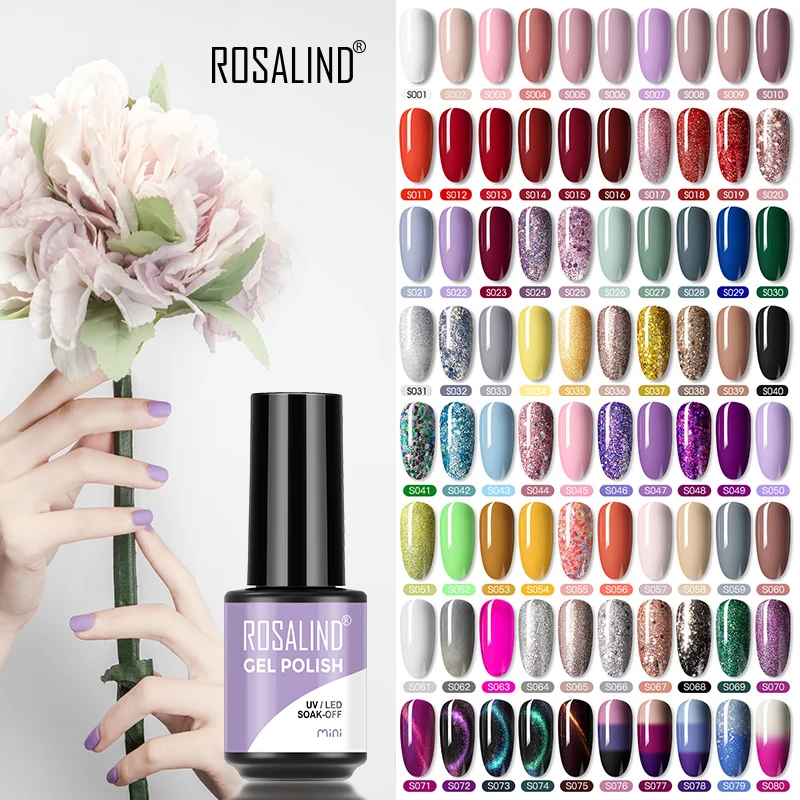 ROSALIND Gel Nails Mini Semi Permanent Soak Off Base Top Coat For Gel Nail Polish Nail Art 100+Colors for Choices