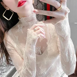 White Half High Collar Lace Bottomed Blouse Women Summer Thin Style With Wooden Ears Large Sexy Wispy Empty Mesh Fashion Tops