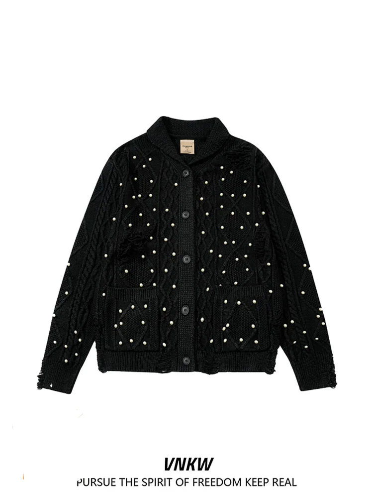 

Вязаный кардиган ручной работы с жемчужным воротником, свободный, повседневный, с ажурной вязкой, для мужчин и женщин, осенне-зимний, трендовый, брендовый...