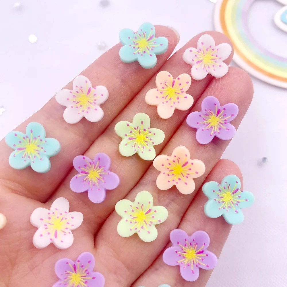 40pcs Resin Mini Colorful Painted Cherry Blossoms Flatback Stone Art Nail Applique DIY Buttons Scrapbook Earring Decor Accessory