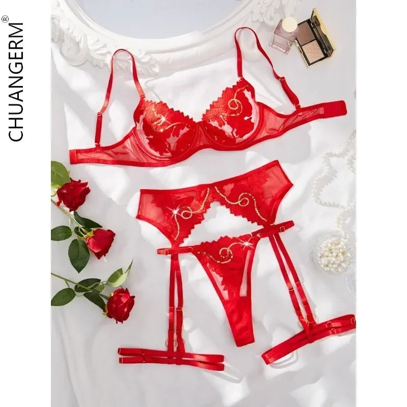 

CHUANGERM Exquisite Lace Transparent Floral Lingerie Set Ultrathin Bra Briefs Set 4 Pieces Solid Exotic Underwear For Women 2024