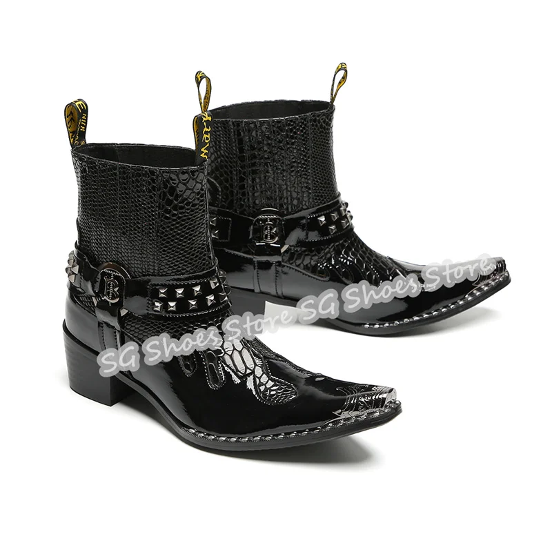 

Male High Top Black Snakeskin Leather Chelsea Boots Punk Rivet Decor Metal Pointed Toe Chunky Heel Ankle Boots for Men