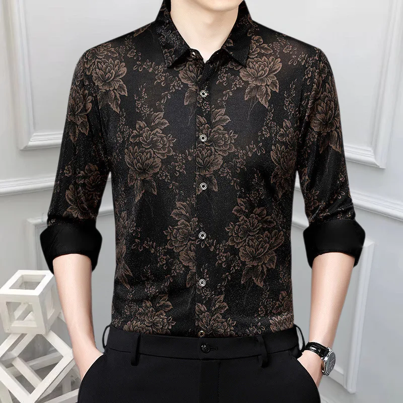 Luxury Transparent Shirt Frolal Velvet Designer Shirt Chemise Homme 4xl Lace Shirt Club Party Prom Sexy Men Shirt Mannen Kleding