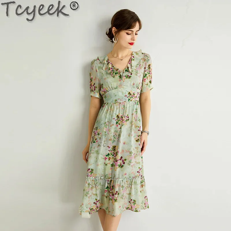 

100% Tcyeek Mulberry Silk Midi es for Women High-end Summer Clothes Elegant and Pretty Women's Fashion Floral Dress