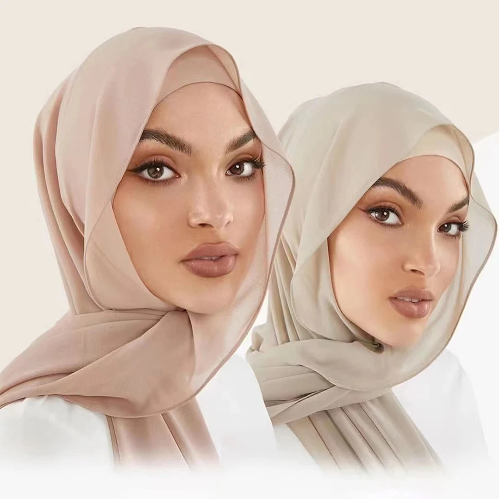 2pcs/set Plain Chiffon Hijab Scarf with Jersey Turban Cap Head Wraps Islamic Headscarf Hijab with Matching Undercap