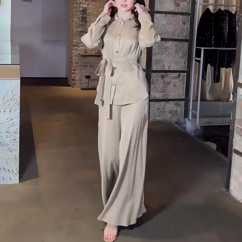 

Solid Color Women's Dresses Shirt Lace-up Waist Long Sleeve Dress Trendy Autumn Casual Loose Commute Elegance Women Robe Femme