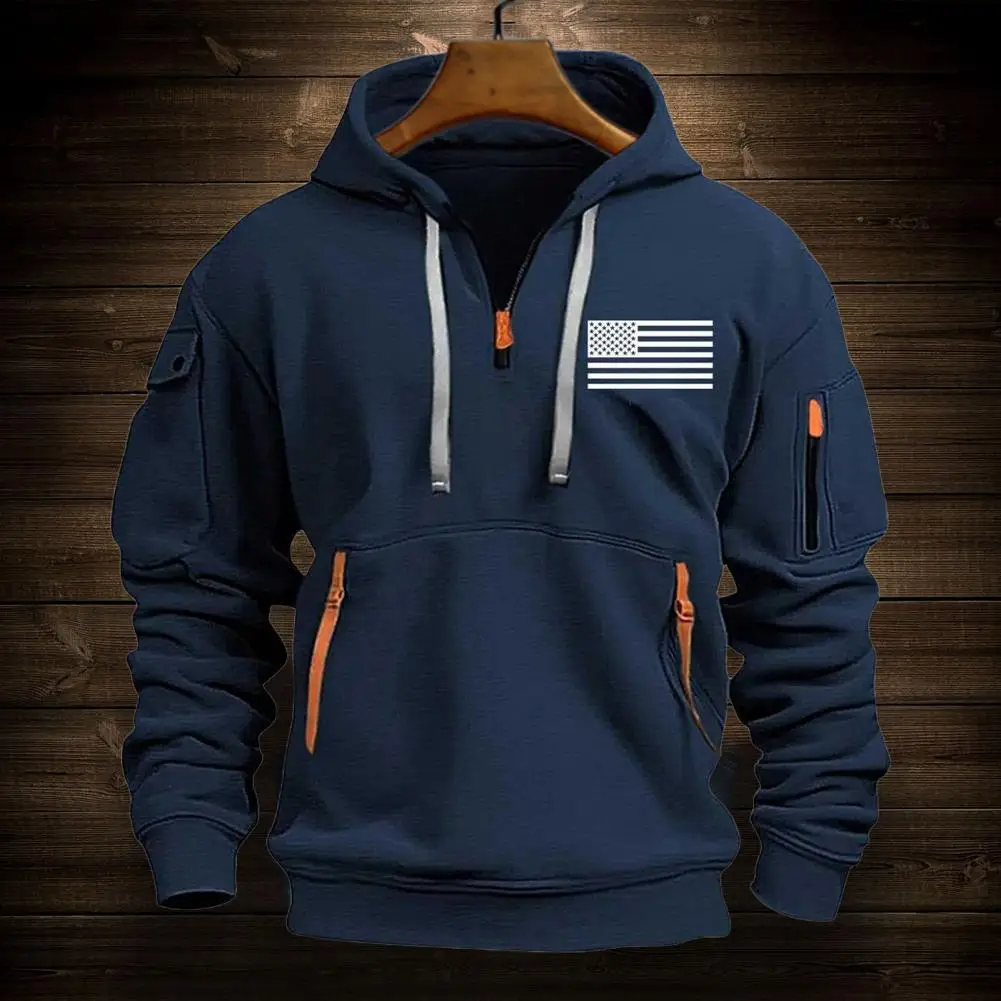 Men Hoodie American Flag Pattern Men's Fitness Hoodie with Plush-lined Hood Multi Pockets for Travel Work Fleece Zip-up