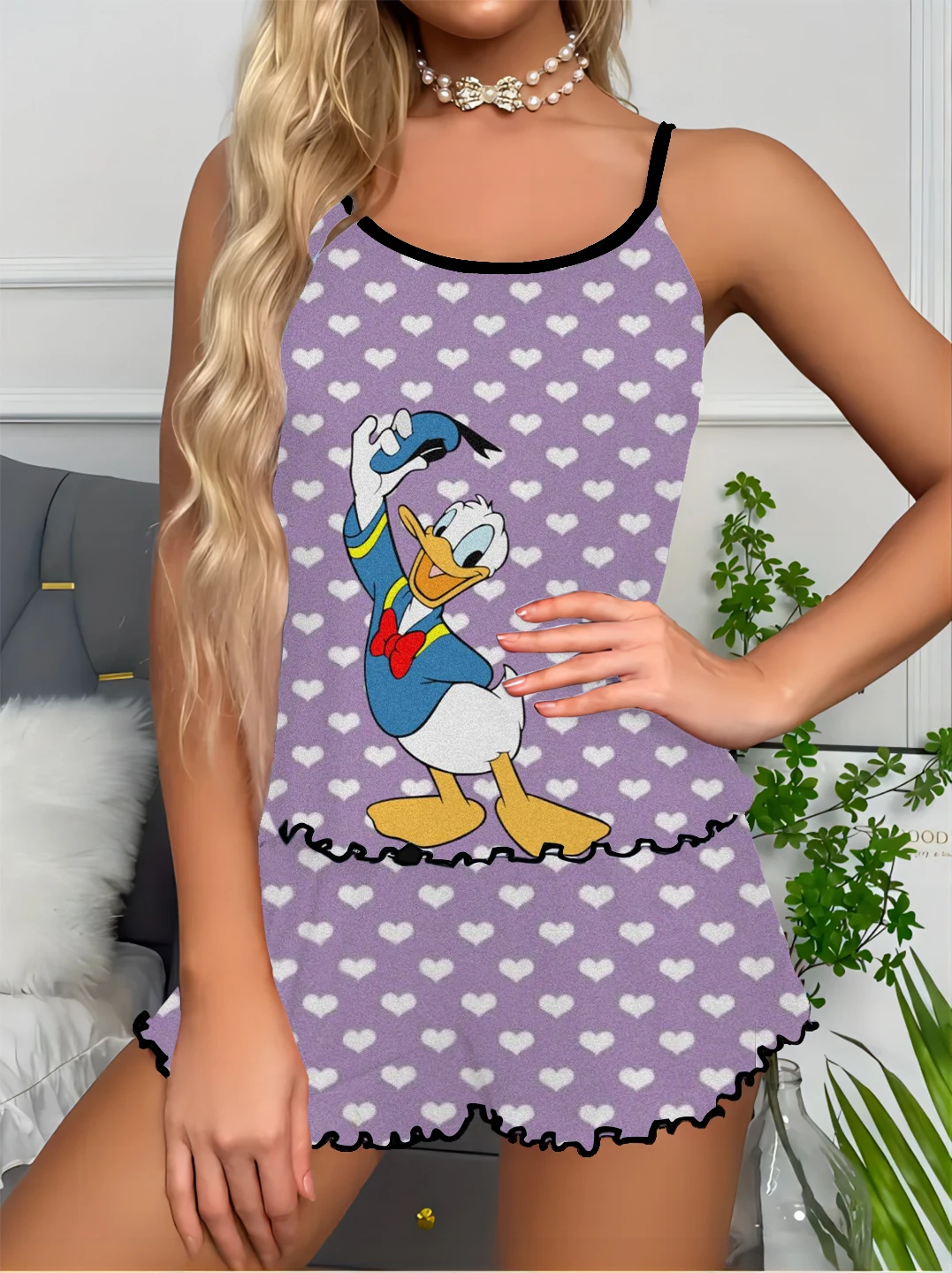 Disney Donald Duck Cartoon Print Dames Jarretelpak Casual Cartoon Satijnen Lichte Luxe Feest Cosplay Pyjama