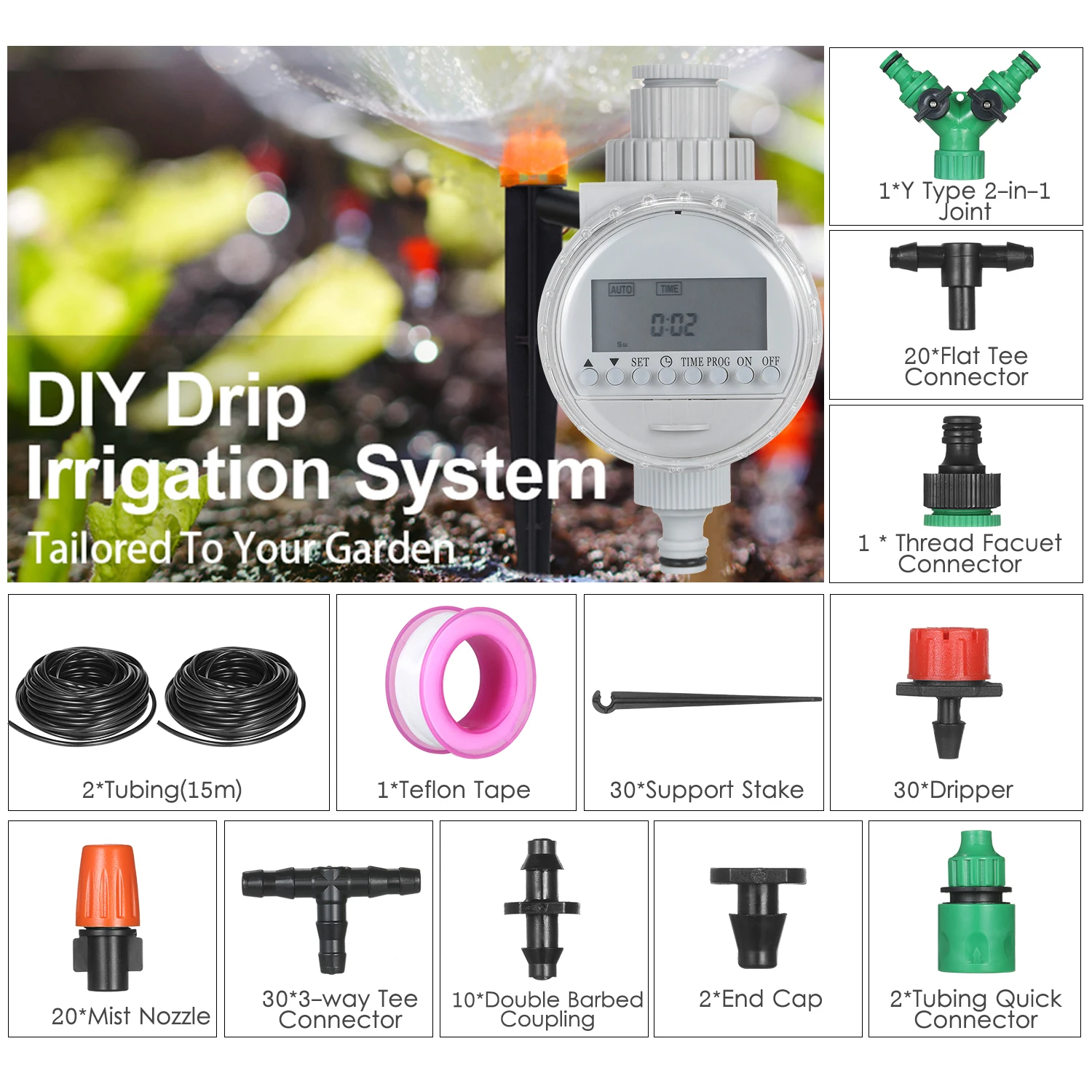 

DIY Drip Irrigation System Automatic Watering Kit Irrigation Timer Garden Hose Adjustable Dripper Garden 30/40 Meters Set Tool