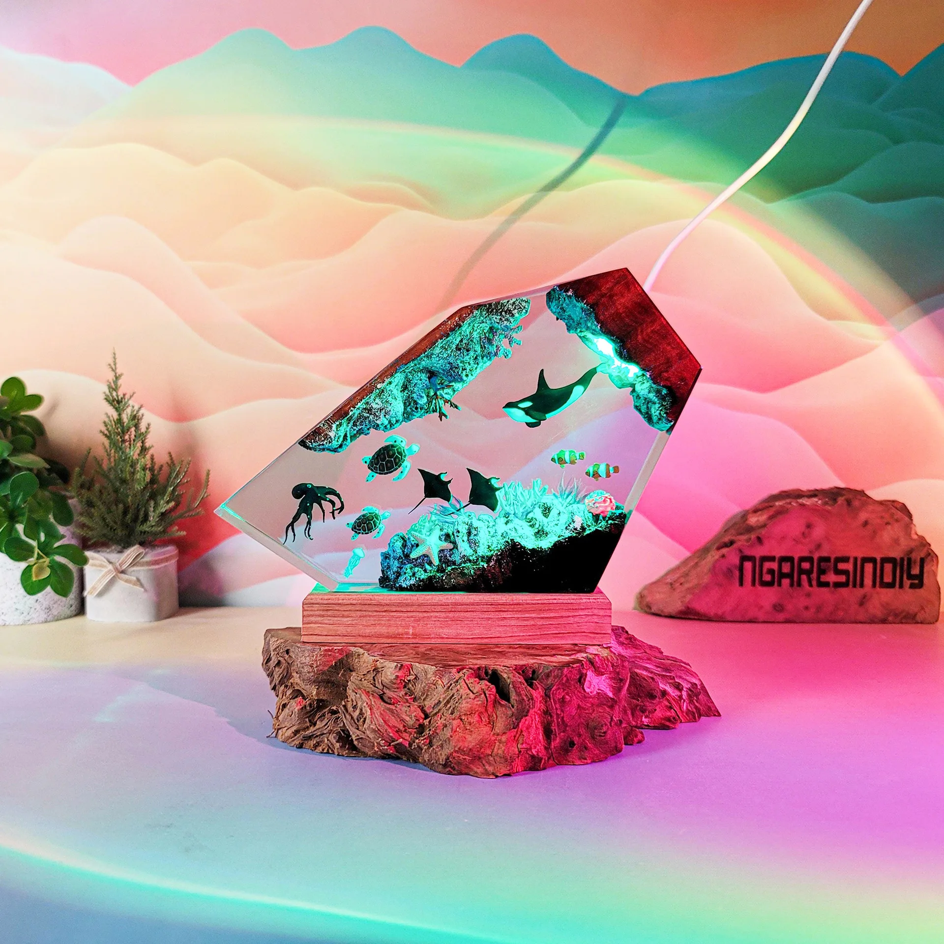 Oceaan Organismen Hars Lamp Zeeleven Tafellamp Creatieve Kunst Decoratie Kleuren Lamp Zeebodem Landschap Nachtlampje USB Charge