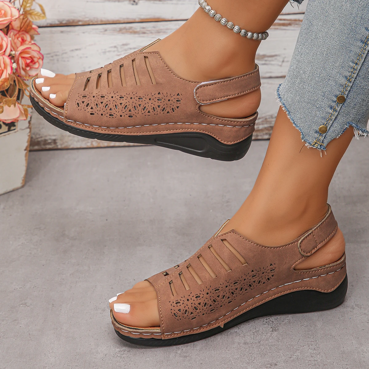 Woman Leather Summer Fashion Wedge Female Large Size Mid-heeled Platform Black New Comfortable Retro Sandals for Women