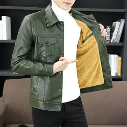 New Style Leather Men's New Lapel Handsome Casual Thin Plus Fleece Coat Young Slim Korean Wear Fashion Trend Zipper Jacket