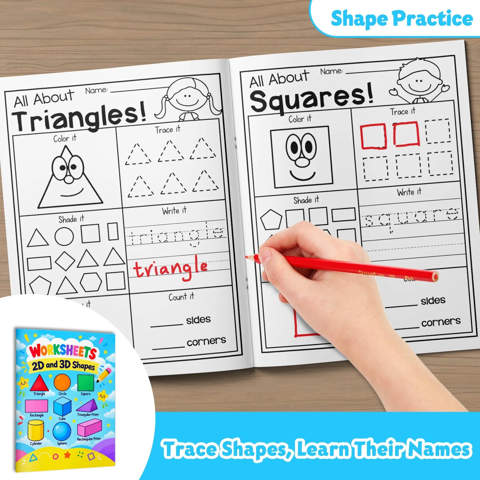 2D & 3D Shapes Math Worksheets for Kids, Early Geometry Activity Book with Shape Recognition, Trace, Draw, Color, Sides and