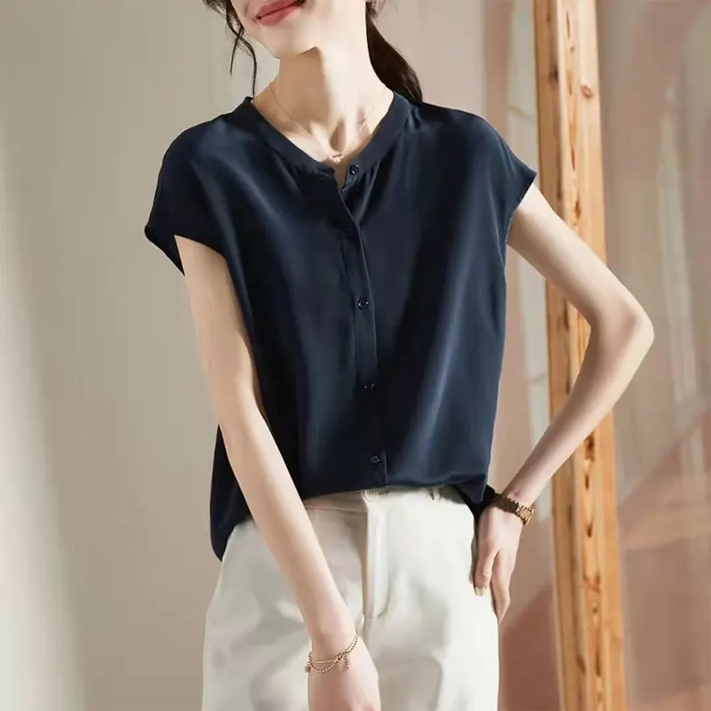 2023 Summer Commute Round Neck Blouse Fashion Single-breasted Women\'s Clothing Solid Color All-match Casual Short Sleeve Shirt