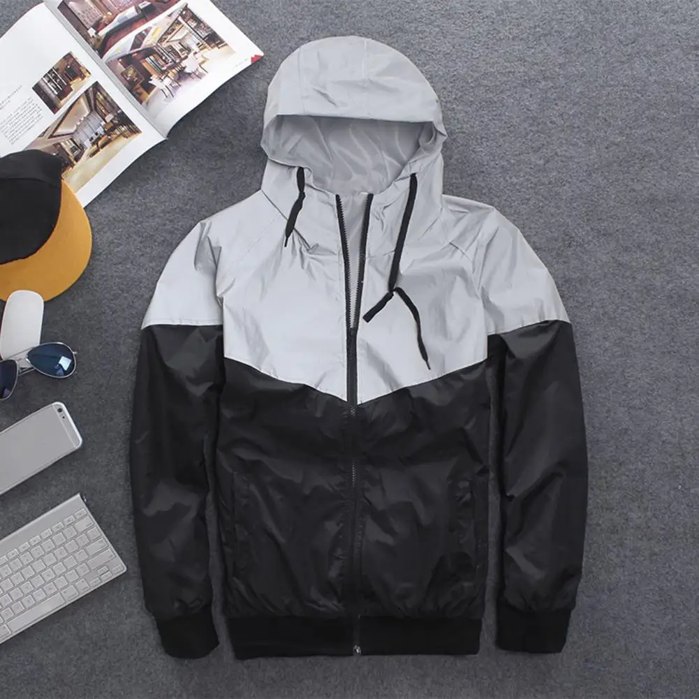 

Windbreaker Coat with Reflective Material Men's Reflective Color-blocked Windbreaker Jacket with Hood Comfy Outwear for Autumn