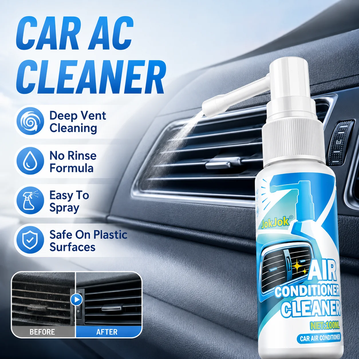JOKJOK Car AC Cleaner No Rinse Air Conditioner Vent Cleaning Spray Plastic Friendly Easy Use For Auto HVAC Evaporator
