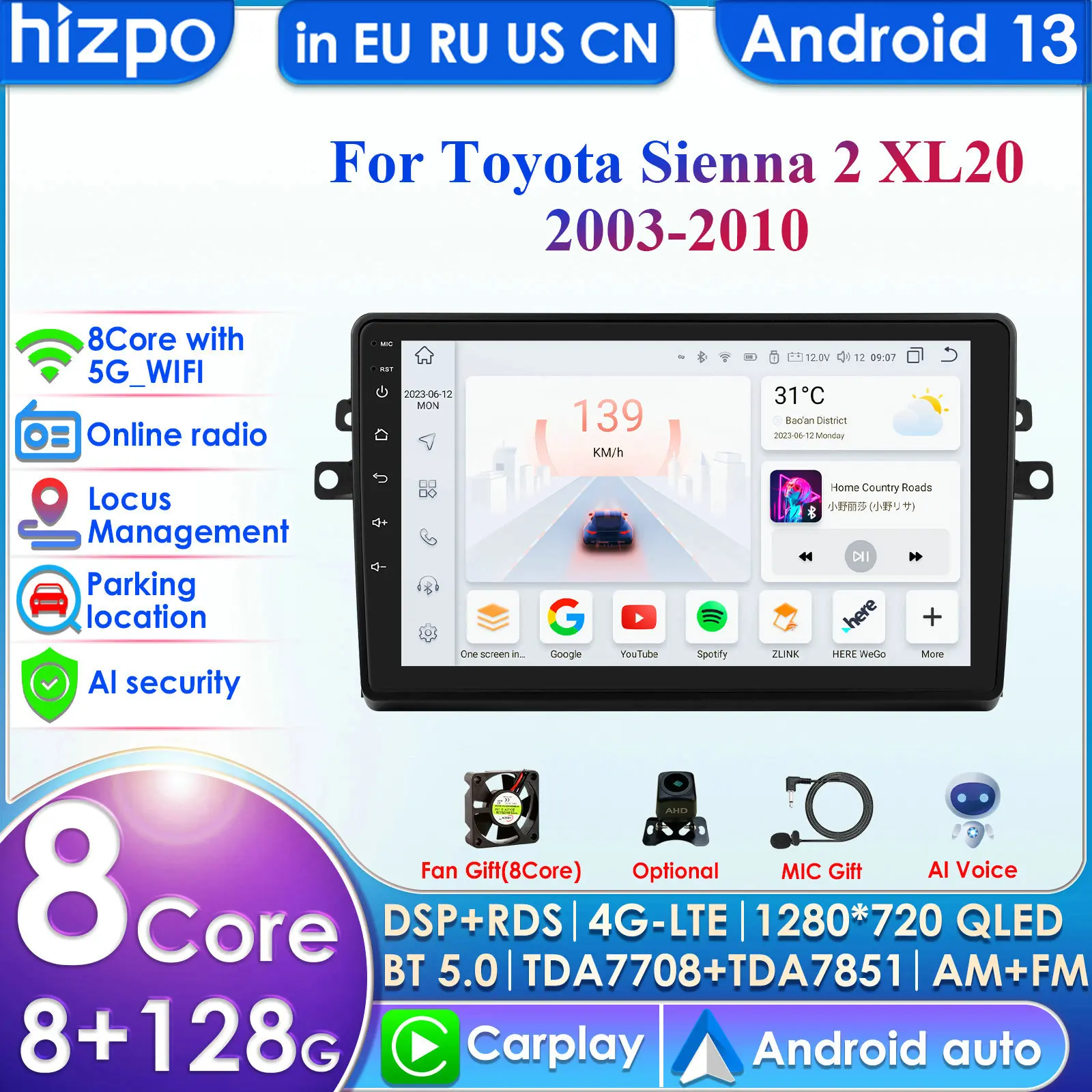 Hizpo 4G 9'' AI Intelligent System Wireless CarPlay Android Auto Radio for Toyota Sienna 2 XL20 2003-2010 Car Multimedia GPS RDS