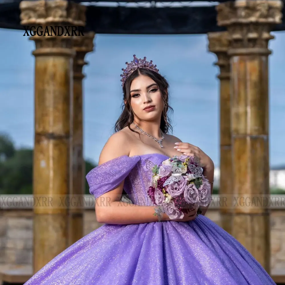 Vestido de princesa roxa Quinceanera, vestido de baile espumante, 16 anos, 15 anos, 24 anos